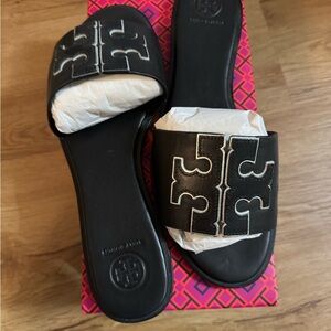 Tory Burch Ines Black Leather Slide Sandals